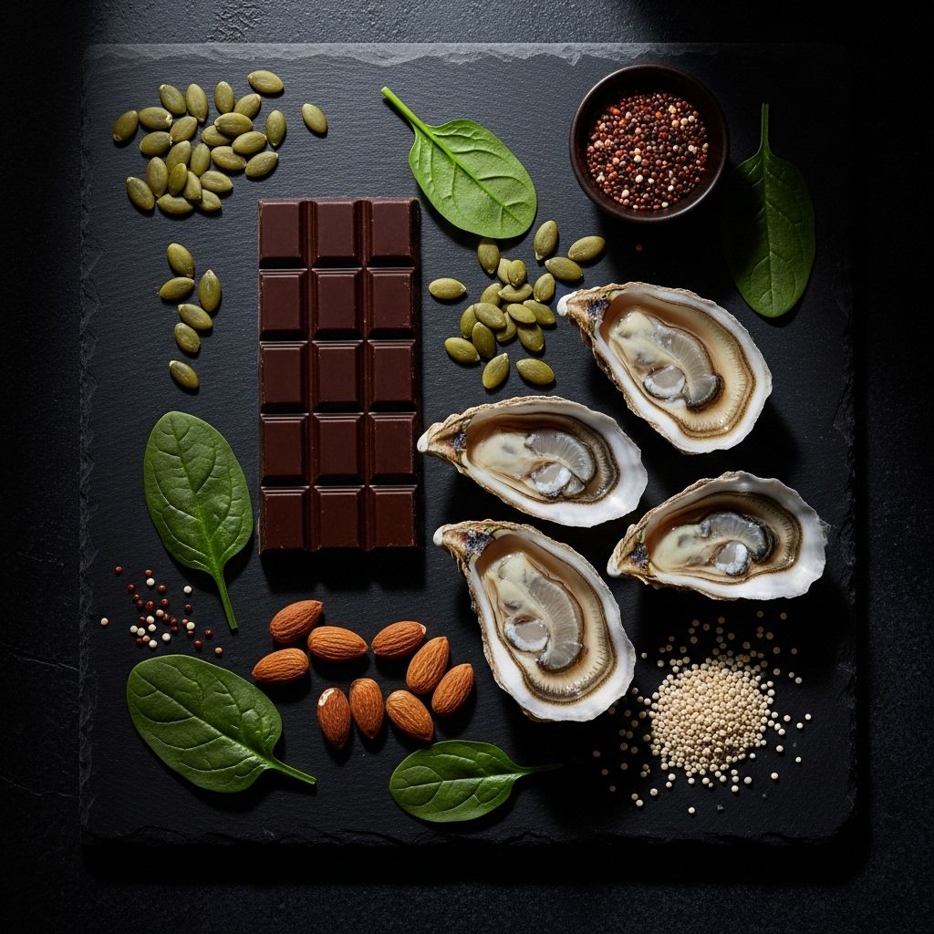 Arrangement of mineral-rich foods including dark chocolate, pumpkin seeds and oyster shells on a dark stone surface with dramatic side lighting