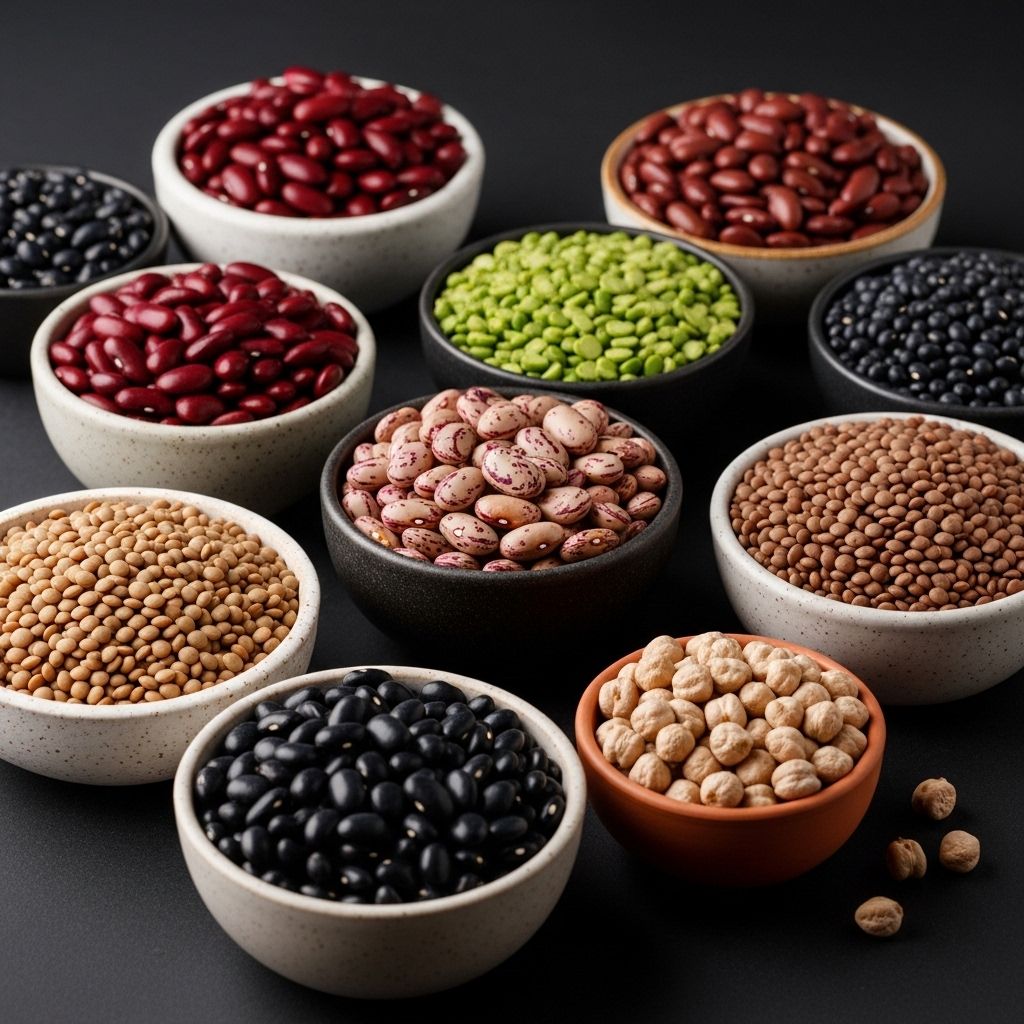 Various dried legumes and pulses in small ceramic bowls arranged on a dark background, showcasing iron and zinc-rich plant-based food sources